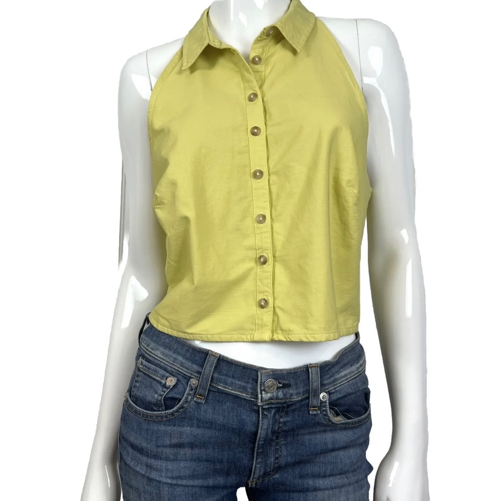 Anthropologie PILCRO Deco Halter Top Yellow Chartreuse Button Up Crop Size 10